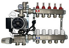 Колектор для теплої підлоги Nolf на 5 контурів (нержавіюча сталь) в зборі з насосом (нижнє підкл.) Німеччина