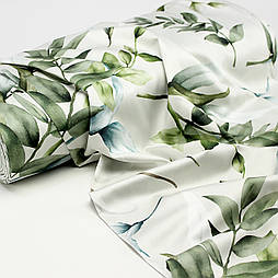 Сатин digital, ширина 240 см "Велике зелене листя з блакитними квітками" на сірому фоні №SB-3485