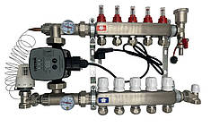 Колектор для теплої підлоги Nolf на 5 контурів (Нержавіюча сталь) в зборі з частотним насосом (бічне підключення) Німеччина