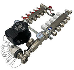 Колектор для теплої підлоги Nolf на 5 контурів (Нержавіюча сталь) в зборі з насосом (бічне підключення) Німеччина