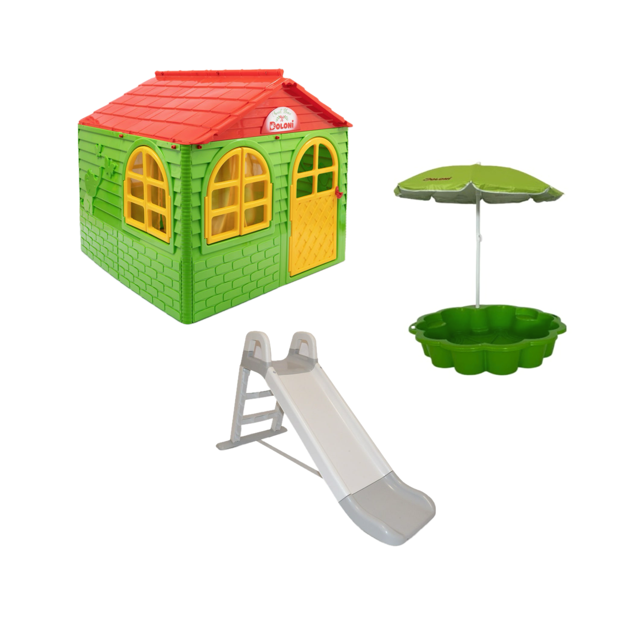 НАБІР Дитячий середній ігровий будиночок зі шторками, дитяча гірка та пісочниця квітка з парасолькою ТМ Doloni, фото 1