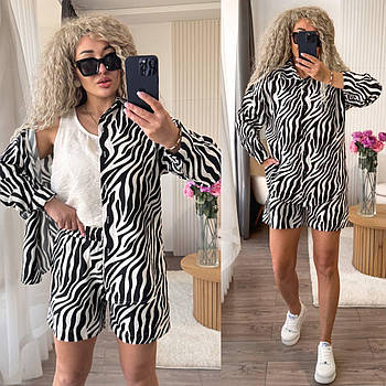 Костюм жіночий літній трійка з креп-жатки майка, сорочка і шорти (Норма)