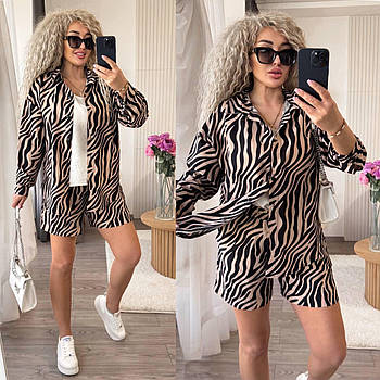 Костюм жіночий літній трійка з креп-жатки майка, сорочка і шорти (Норма)