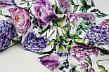 Сатин digital, ширина 240 см "Півонії та гортензії" бузкового-фіолетового кольору на білому №SB-3486, фото 8
