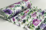 Сатин digital, ширина 240 см "Півонії та гортензії" бузкового-фіолетового кольору на білому №SB-3486, фото 3