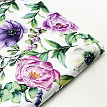 Сатин digital, ширина 240 см "Півонії та гортензії" бузкового-фіолетового кольору на білому №SB-3486, фото 9