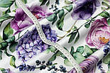 Сатин digital, ширина 240 см "Півонії та гортензії" бузкового-фіолетового кольору на білому №SB-3486, фото 6