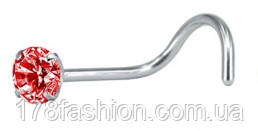 Сережка для пірсингу носа з червоним камінчиком 2 мм. під срібло, фото 1