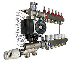 Колектор для теплої підлоги Nolf на 6 контурів (Нержавіюча сталь) в зборі з насосом (нижнє підкл.) Німеччина