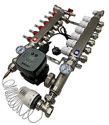 Колектор для теплої підлоги Nolf на 6 контурів (Нержавіюча сталь) в зборі з частотним насосом (бічне підключення) Німеччина