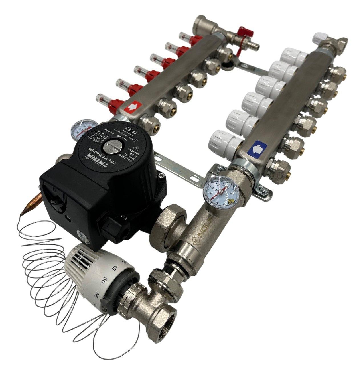 Колектор для теплої підлоги Nolf на 6 контурів (Нержавіюча сталь) в зборі з насосом (бічне підключення) Німеччина