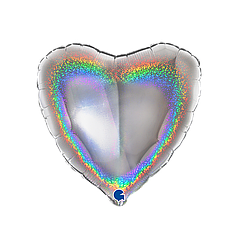 18" GRABO-ГР СЕРЦЕ Голографія Сатин Срібло | Glitter Holographic Silver (УП)