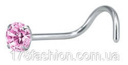 Сережка для пірсингу носа з рожевим камінчиком 2 мм. під срібло, фото 1