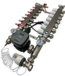 Колектор для теплої підлоги Nolf на 7 контурів (Нержавіюча сталь) в зборі з частотним насосом (бічне підключення) Німеччина