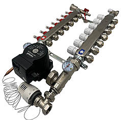 Колектор для теплої підлоги Nolf на 7 контурів (Нержавіюча сталь) в зборі з насосом (бічне підключення) Німеччина