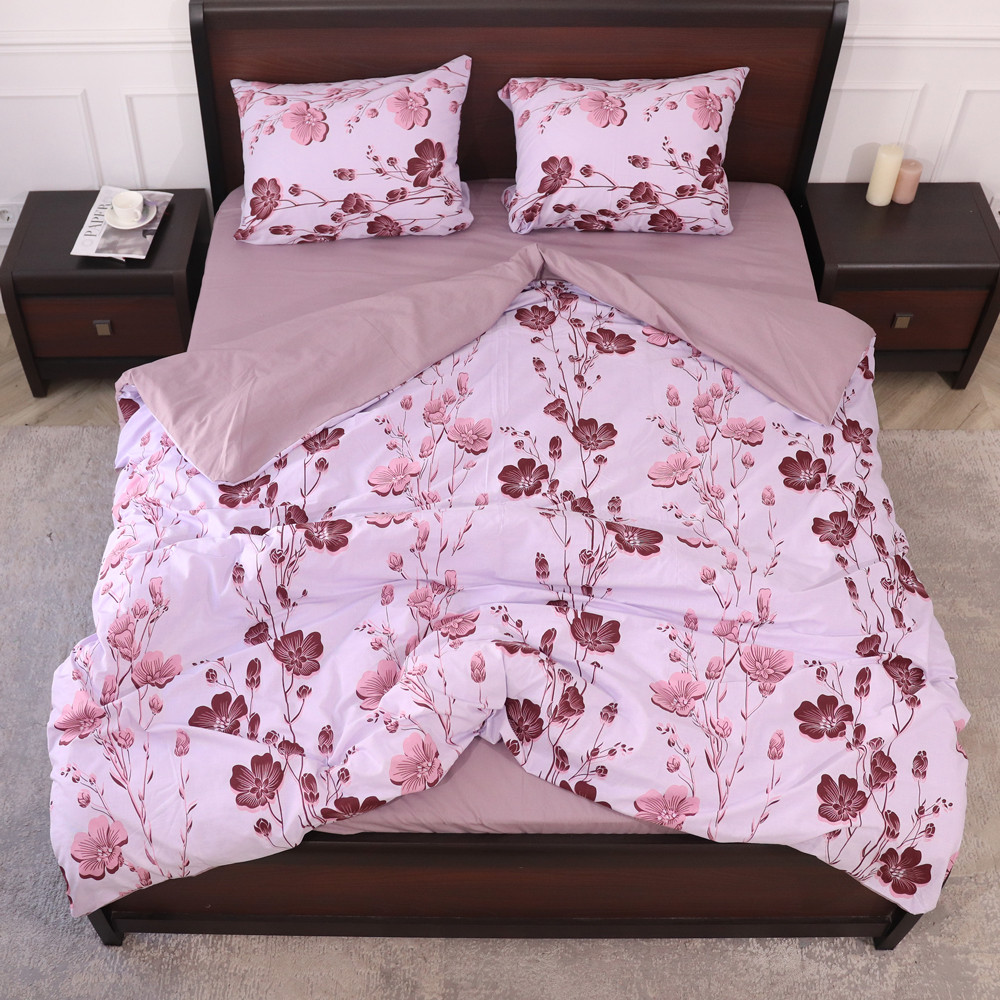 Двоспальний набір постільної білизни бузкового кольору з квітковим принтом 180*220 з Бязі "Gold" №151617АВ Черешенка™