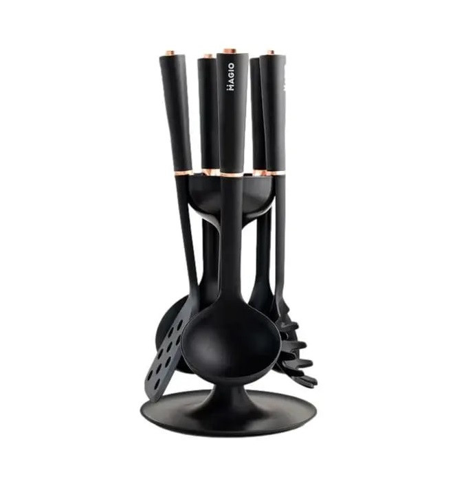 Набір кухонних приладів MAGIO, MG-1140, 5 кухонних приладів + підставка, чорний, фото 1