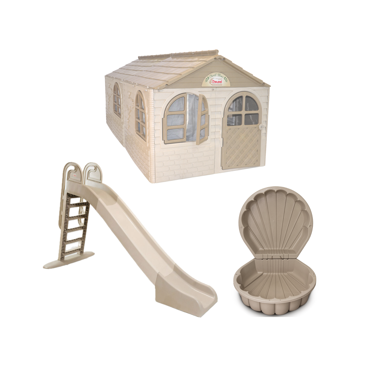 ЕКО Набір: Великий дитячий будиночок зі шторками, велика пластикова гірка та пісочниця мушляТМ Doloni, фото 1