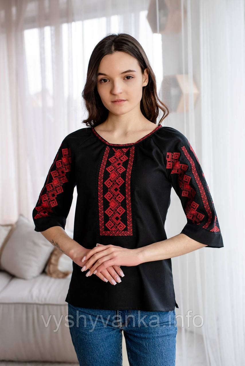 Вишиванка жіноча чорна "Буревій" ,рукав 3/4, арт. 4659
