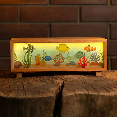 Нічник-панорама “Мальований акваріум”, лаковане дерево (LED, Акумулятор, USB Type-C)