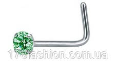 Сережка для пірсингу носа L-подібна з зеленим камінчиком 2 мм. під срібло, фото 1
