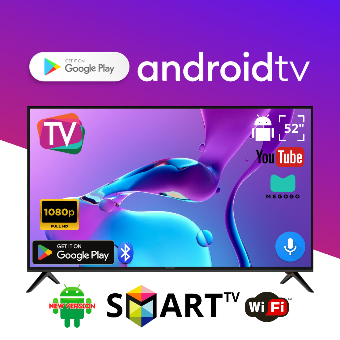 Телевізор Skyworth 52" I Андроїд 13.0/Smart TV/DVB/T2/FullHD/USB/ (1980x1080) блютуз + голосове управління, фото 1