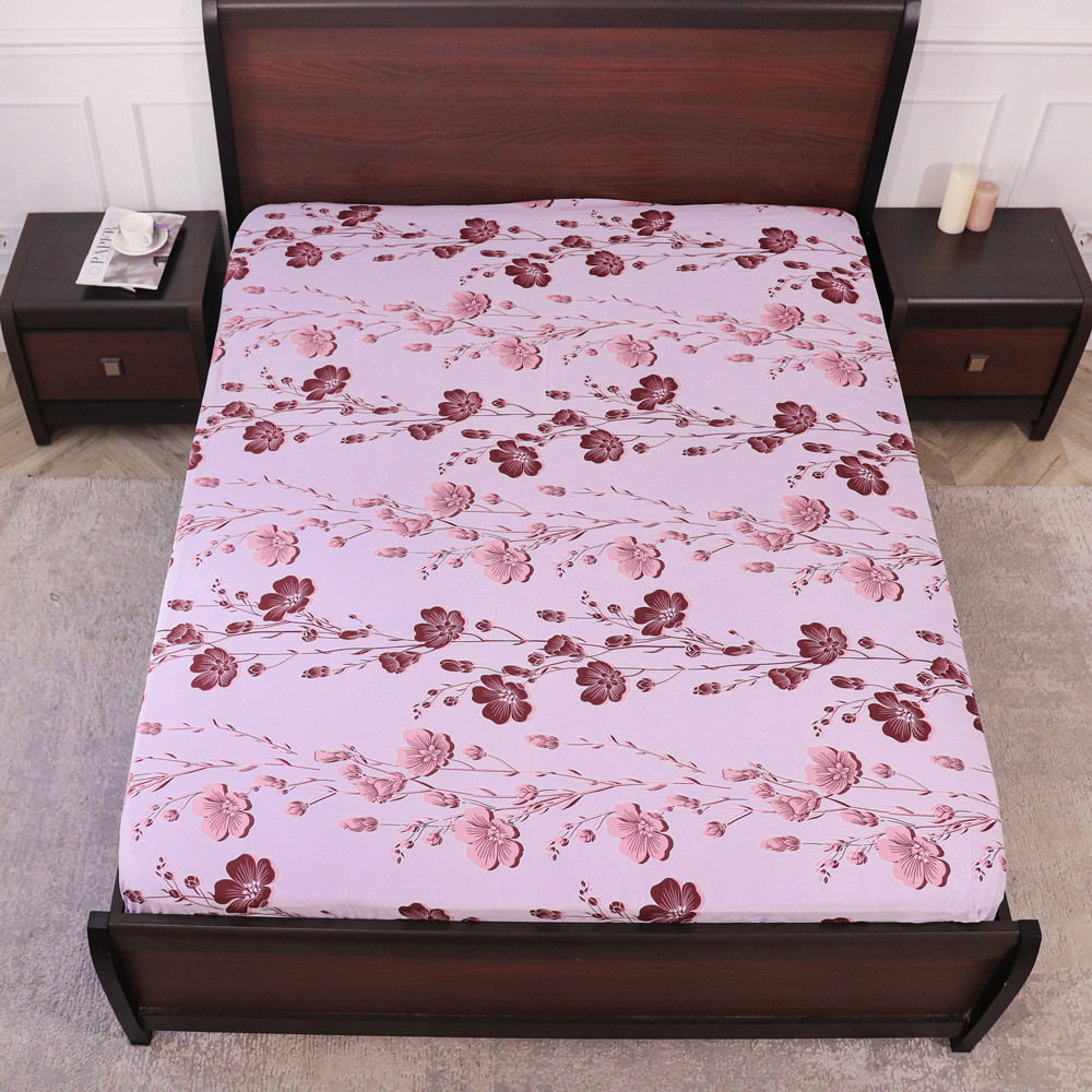 Міцне натяжне простирадло гумка односпальне із бязі пудрове (90*200*25) захисне бавовняне з квітковим принтом