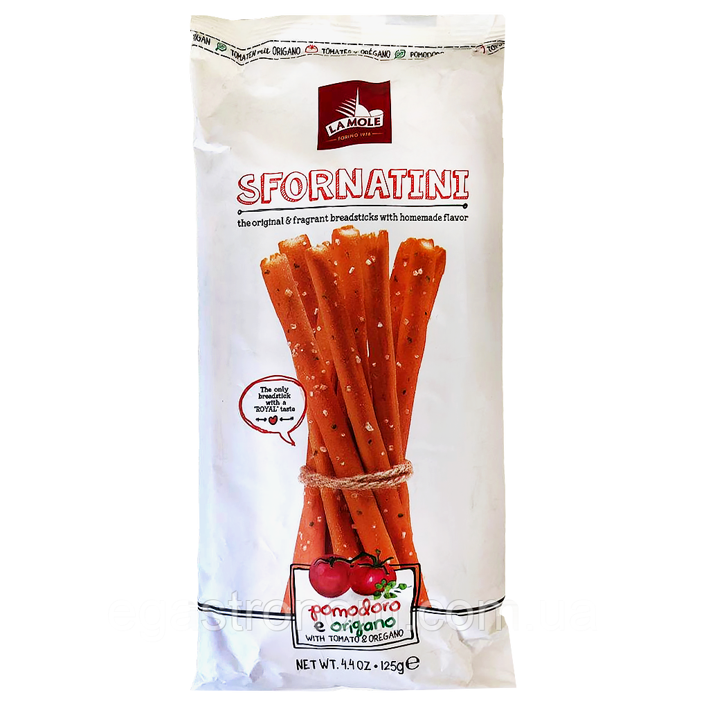 Грісіні з помідором та орегано Ла Моле La Mole with tomato & oregano 125g 18шт/ящ (Код: 00-00017552), фото 1