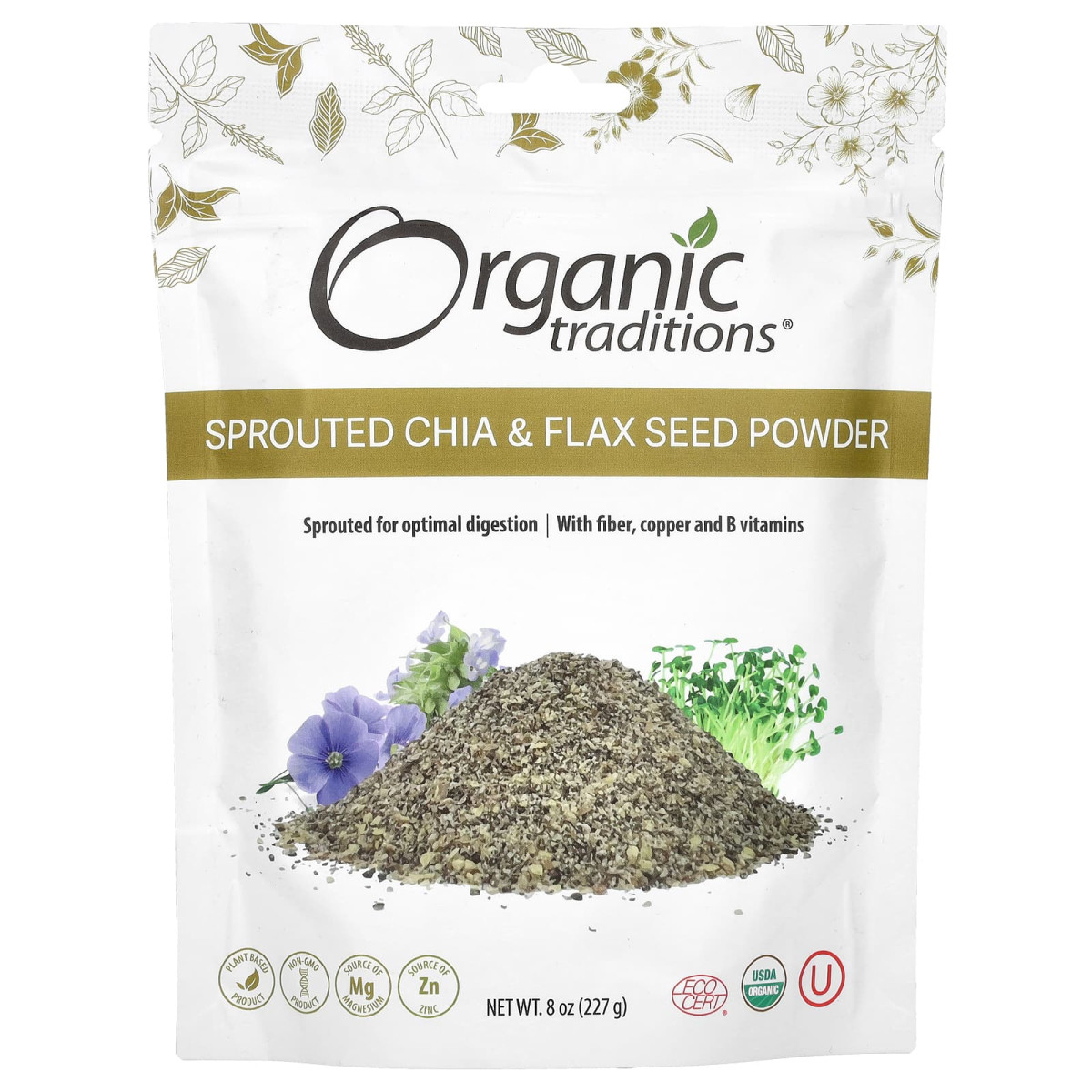 Organic Traditions, Порошок із пророслого насіння чіа та льону, 8 унцій (227 г)