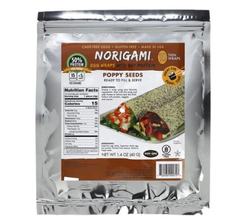 Norigami, яєчні упаковки з соєвим протеїном і насінням маку, 10 тонких упаковок, 40 г (1,4 унції)