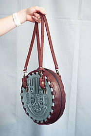 Кругла шкіряна сумка Берегиня сіра з бордовим, з короткими і довгим ремінцями