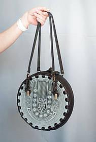 Кругла шкіряна сумка Берегиня сіра з чорним, з короткими і довгим ремінцями