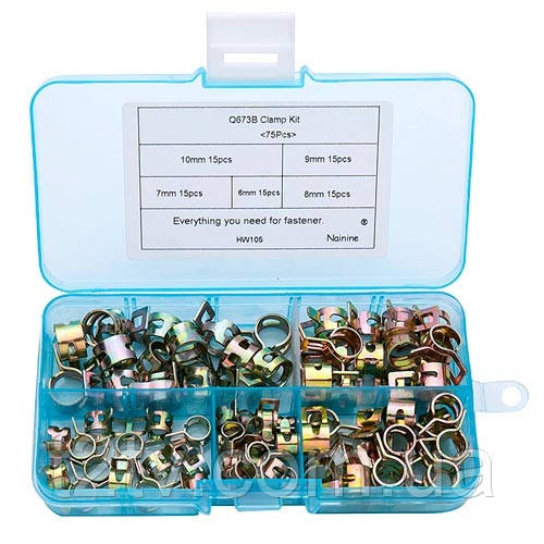 Хомут пружинний самозатискний 75шт для шлангів 6-10мм, набір, фото 1