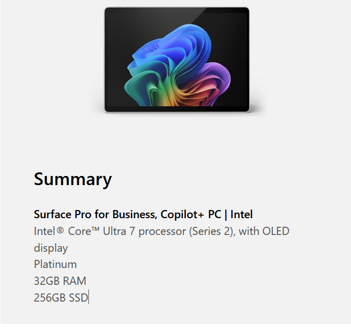 Microsoft 13" Surface Pro for Business Intel Ultra 7 266V | 32GB | 256GB | OLED Copilot+ PC 11th Edition
