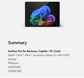 Microsoft 13" Surface Pro for Business Intel Ultra 7 266V | 32GB | 256GB | OLED Copilot+ PC 11th Edition