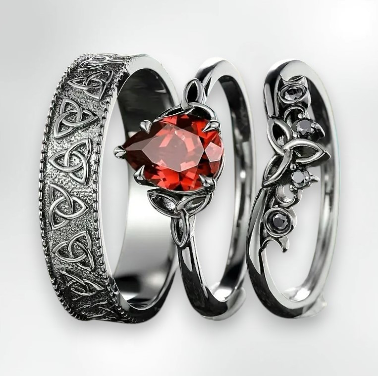 Набір 3 чорних кельтських каблучок з червоним каменем готичний обручки 18-18.5, фото 1