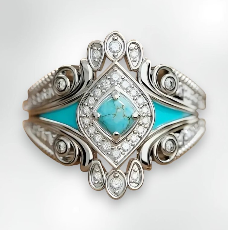 Вінтажна жіноча срібляста каблучка незвичайні гербові візерунки і синтетичний бірюзовий камінь 16, фото 1