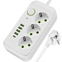 Мережевий фільтр 2500Вт, 2м, (3×220В+4×USB+1×Type-C) F09U, Білий / Подовжувач з USB / Переноска розетка з USB