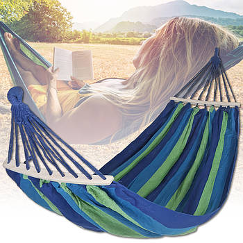 Тканинний підвісний Гавайський гамак 150х200 см із планкою 120 см Синьо-зелений