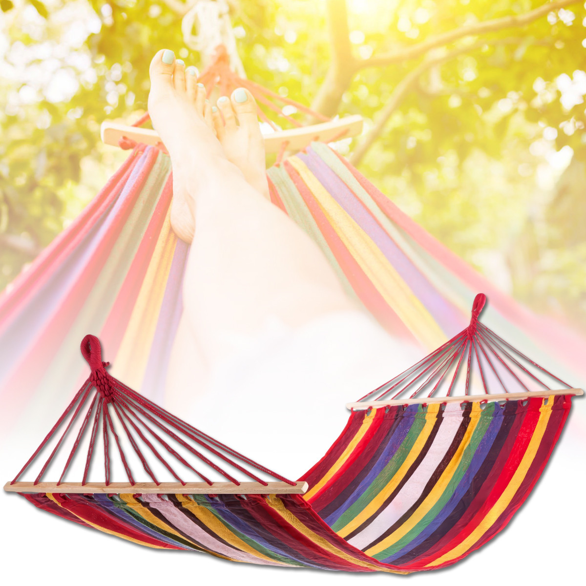 Підвісний Гавайський гамак 150х200 см з бавовняним полотном і планкою 80 см Різнобарвний, фото 1
