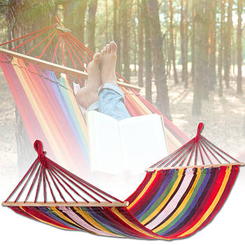 Гавайський підвісний гамак 150х200 см із планкою 120 см та бавовняним полотном Різнокольоровий