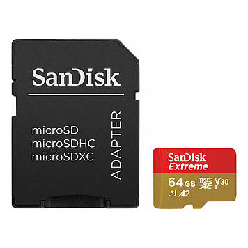 Карта пам'яті 64 GB microSDXC UHS-I U3 A2 SanDisk Extreme SDSQXAH-064G-GN6MA, швидкість читання до 170 МБ/с, для 4K Ultra HD