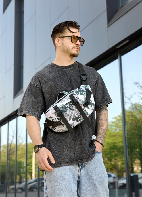 Велика чоловіча поясна сумка бананка Sambag DynamicDart тканева принт "Leaves", фото 1