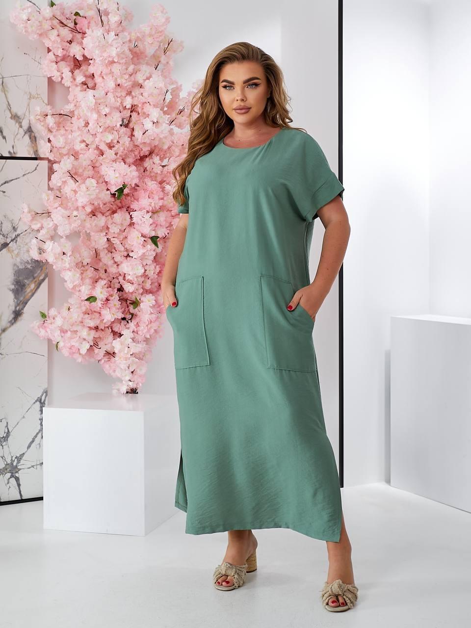 Довга літня сукня льон-котон великого розміру колір оливковий Розміри: 48.50.52.54.56.