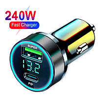 Швидкий автомобільний зарядний пристрій від прикурювача 240W 1 USB + 1 Type-C PD з цифровим дисплеєм
