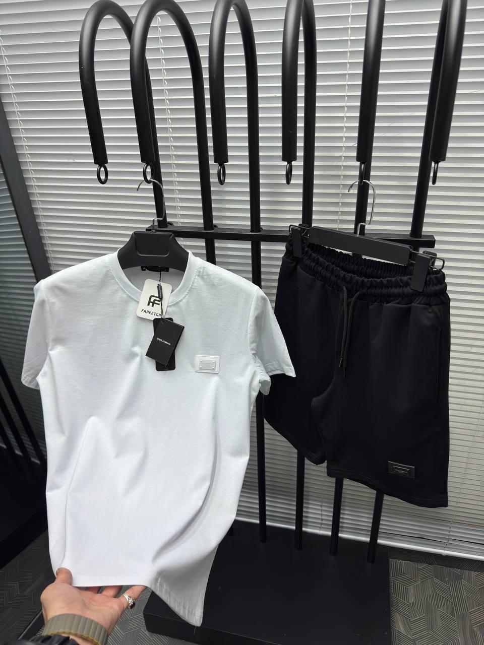 Чоловічий літній костюм футболка і шорти Dolce & Gabbana White Black Чоловічий комплект білий з чорним D&G