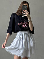 Трендовая женская юбка зефирка с воланами кружевом креп жатка SML черный белый фисташковый пудровый