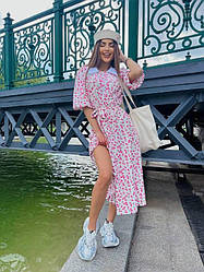 Жіноча сукня; Колір біло-рожевий, чорна квітка та чорний горох; Размеры: S,M,L,XL :