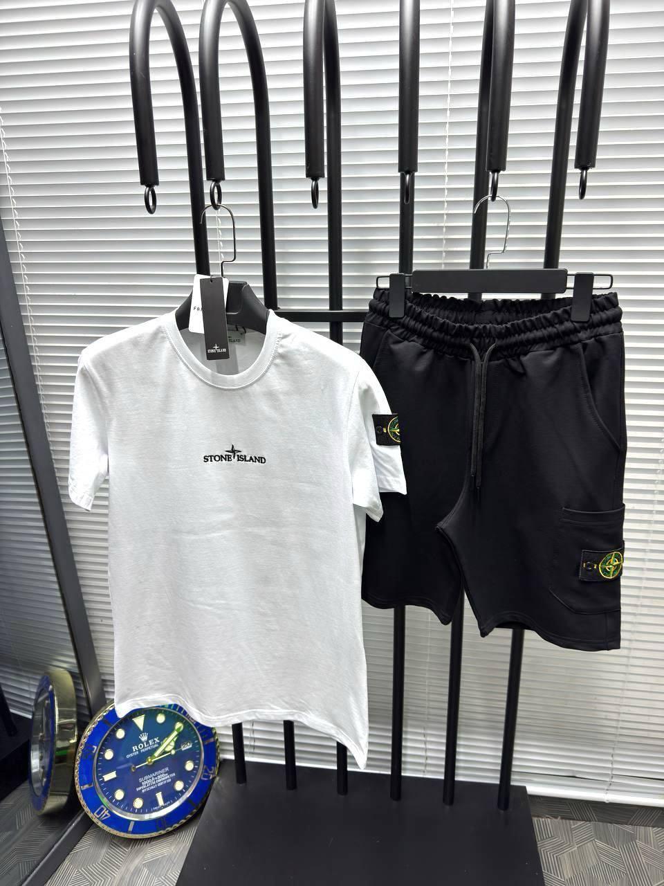 Чоловічий літній костюм футболка і шорти Stone Island White Black Чоловічий комплект біло-чорний Стон Айленд