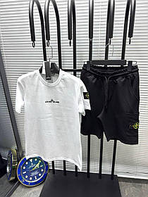 Чоловічий літній костюм футболка і шорти Stone Island White Black Чоловічий комплект біло-чорний Стон Айленд